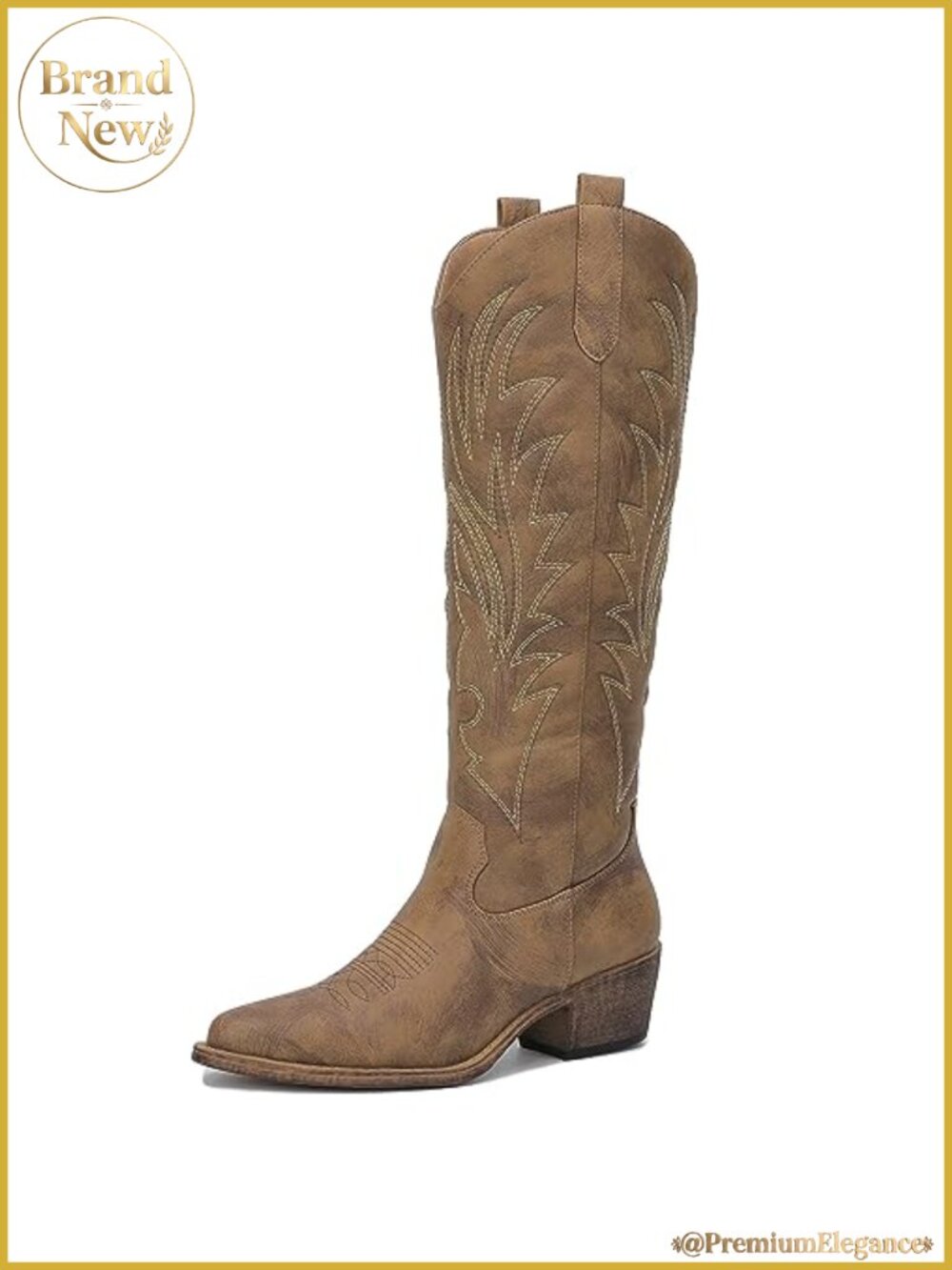 Knee High Western Cowboy Boots Pointed Toe Embroidered Side Zipper